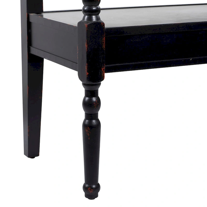 Banc en bois vieilli avec dossier cintré et pieds tournés - Noir ou blanc