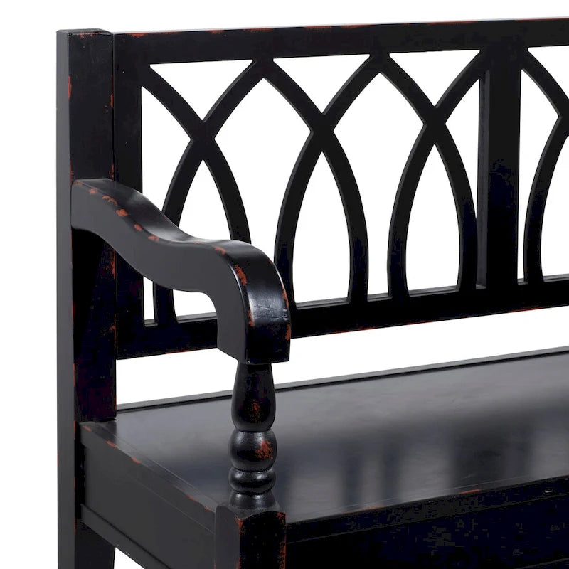 Banc en bois vieilli avec dossier cintré et pieds tournés - Noir ou blanc