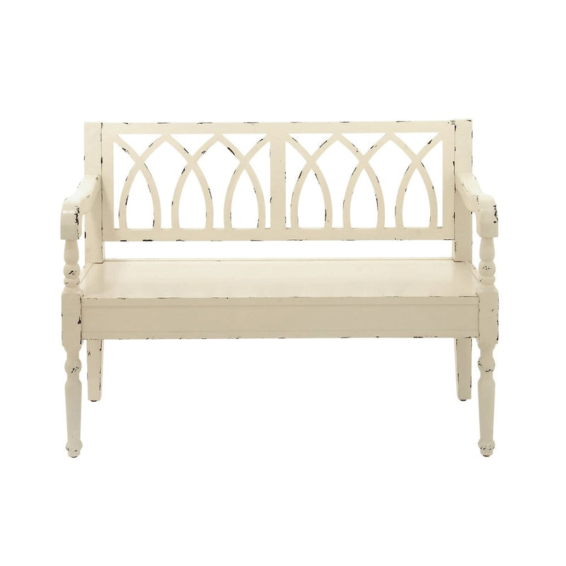 Banc en bois vieilli avec dossier cintré et pieds tournés - Noir ou blanc