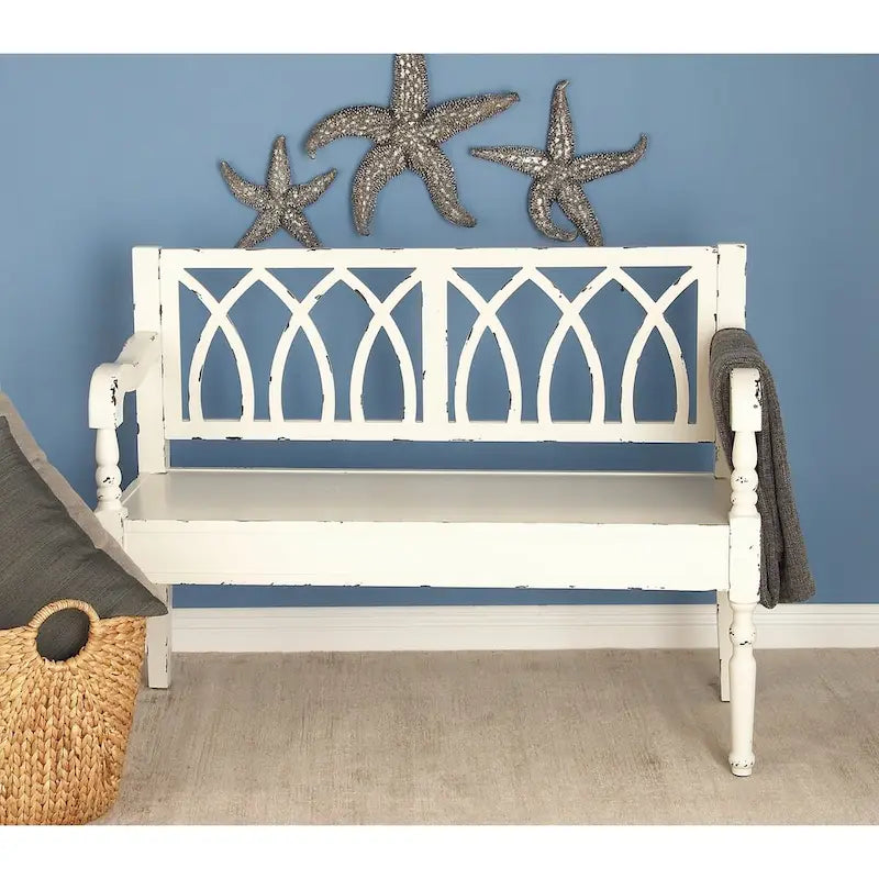 Banc en bois vieilli avec dossier cintré et pieds tournés - Noir ou blanc