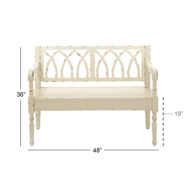 Banc en bois vieilli avec dossier cintré et pieds tournés - Noir ou blanc